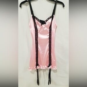 NWT Elegant Moments Pink Satin with Black Lace Lingerie w/Garters. Size M